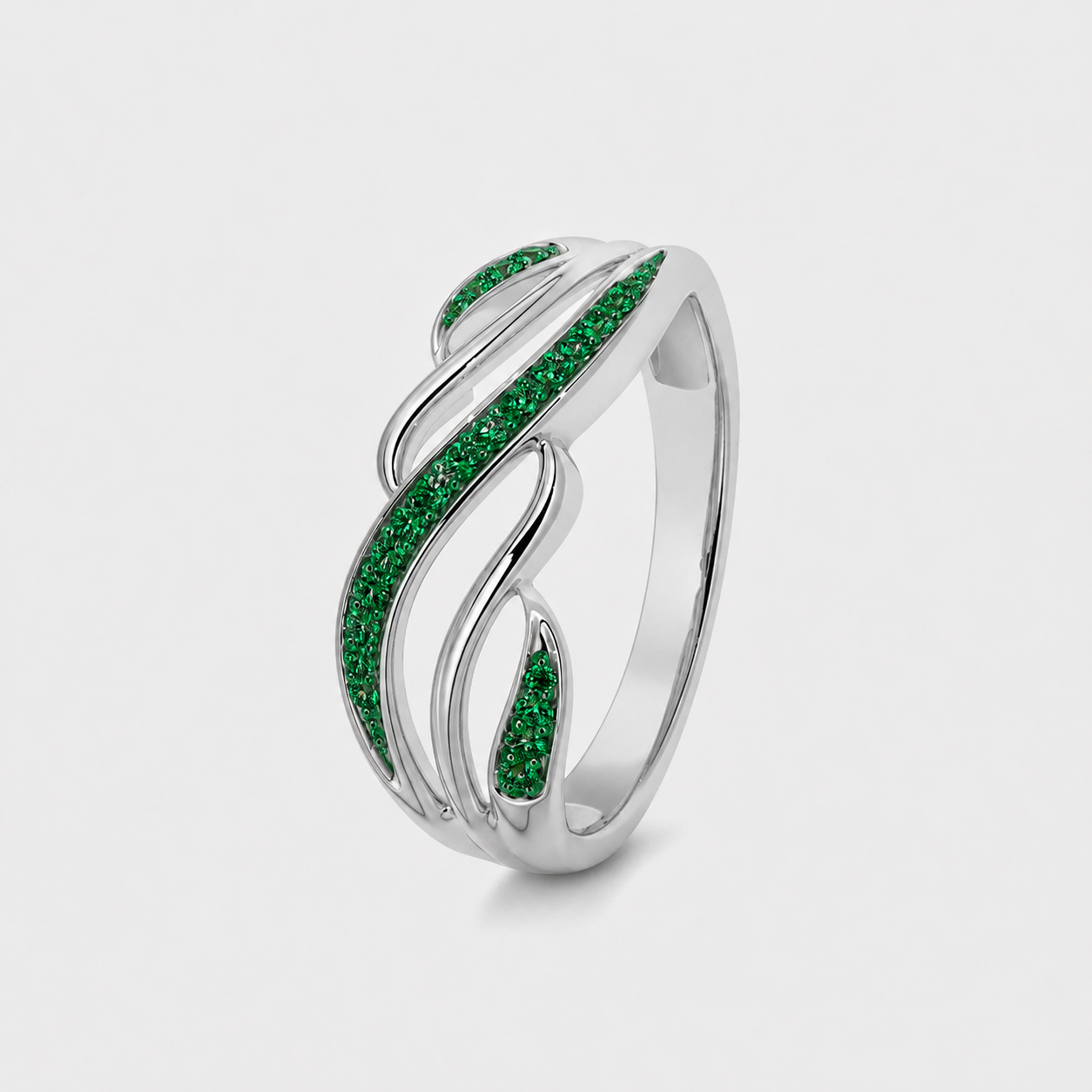 Emerald Green CZ Leaf Vine Silver-Tone Ring with Openwork Design