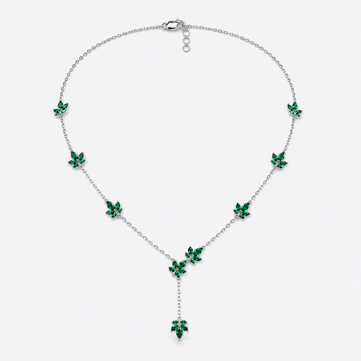 Emerald Green Floral Station Necklace with Drop Pendant in Silver-Tone Finish