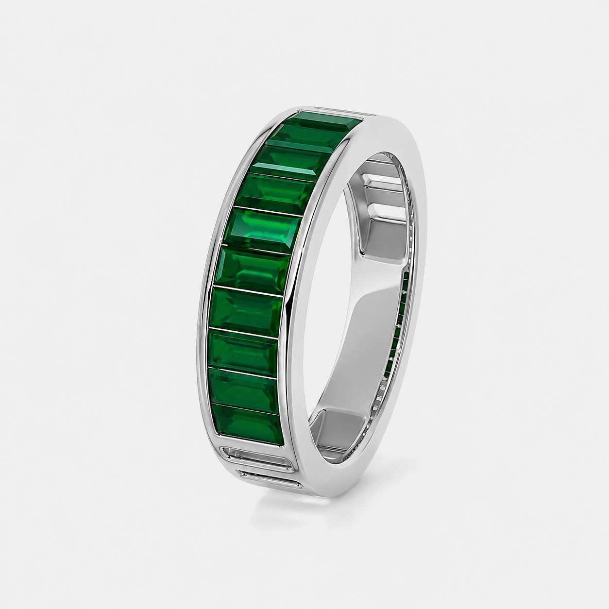 Emerald green baguette cubic zirconia channel-set band ring in silver-tone finish