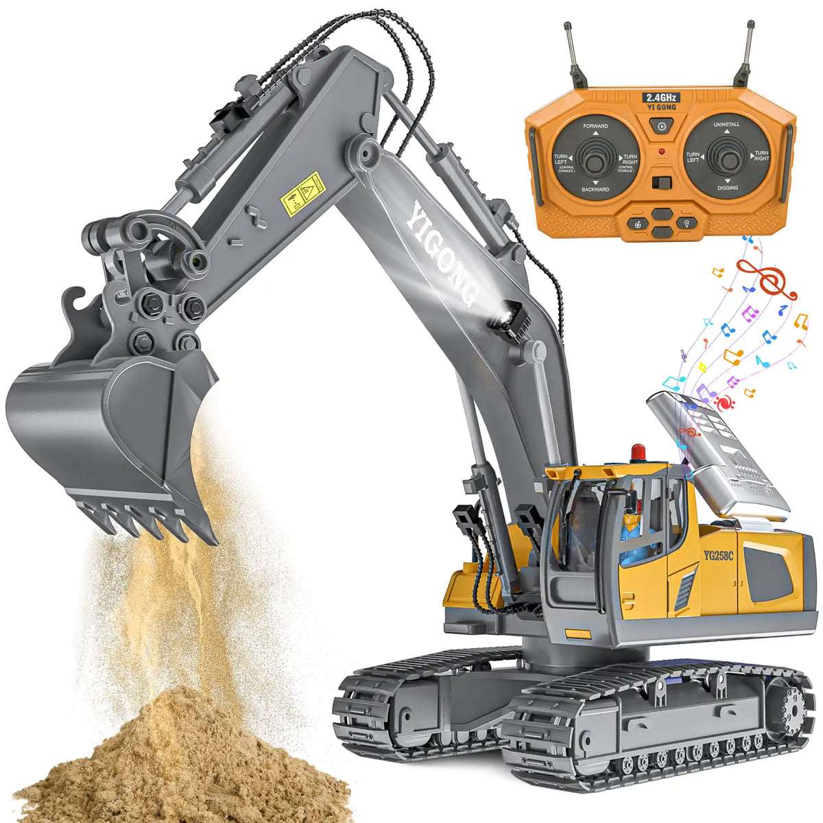 Lomaroshop 2.4GHz remote control excavator toy for kids with lights, sound, digging arm, and realistic sandbox construction play.