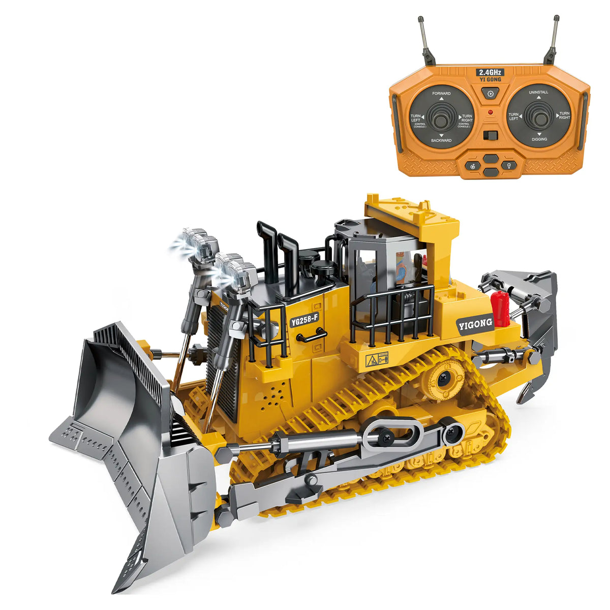 Lomaroshop RC bulldozer toy for kids with gray blade, yellow tracked body, lights, and sound