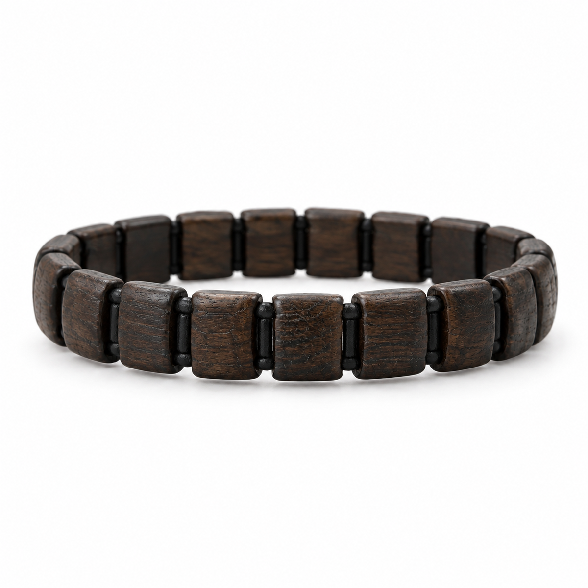 Side view of men's wooden beaded bracelet.