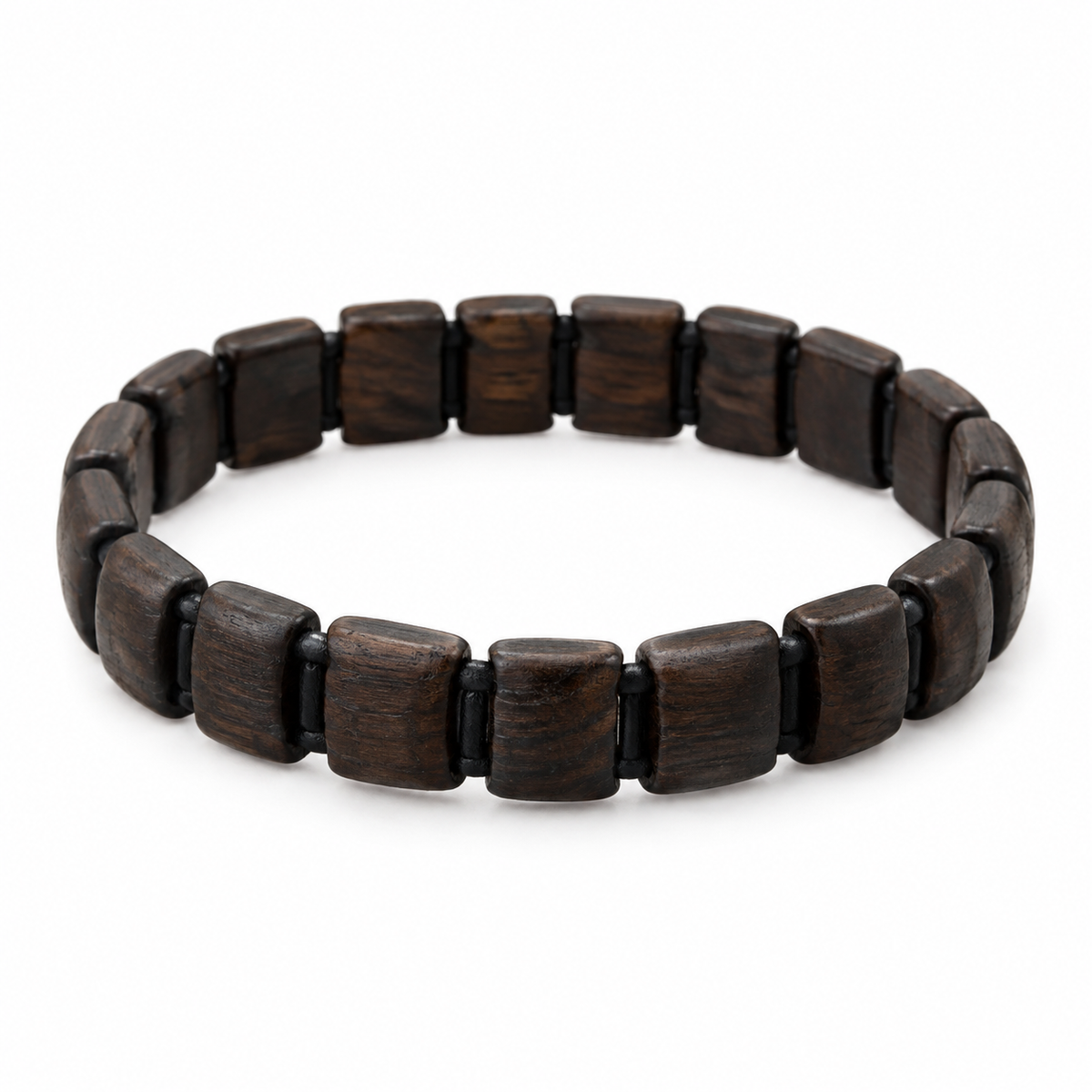 Wooden beaded bracelet with elastic fit in dark brown.