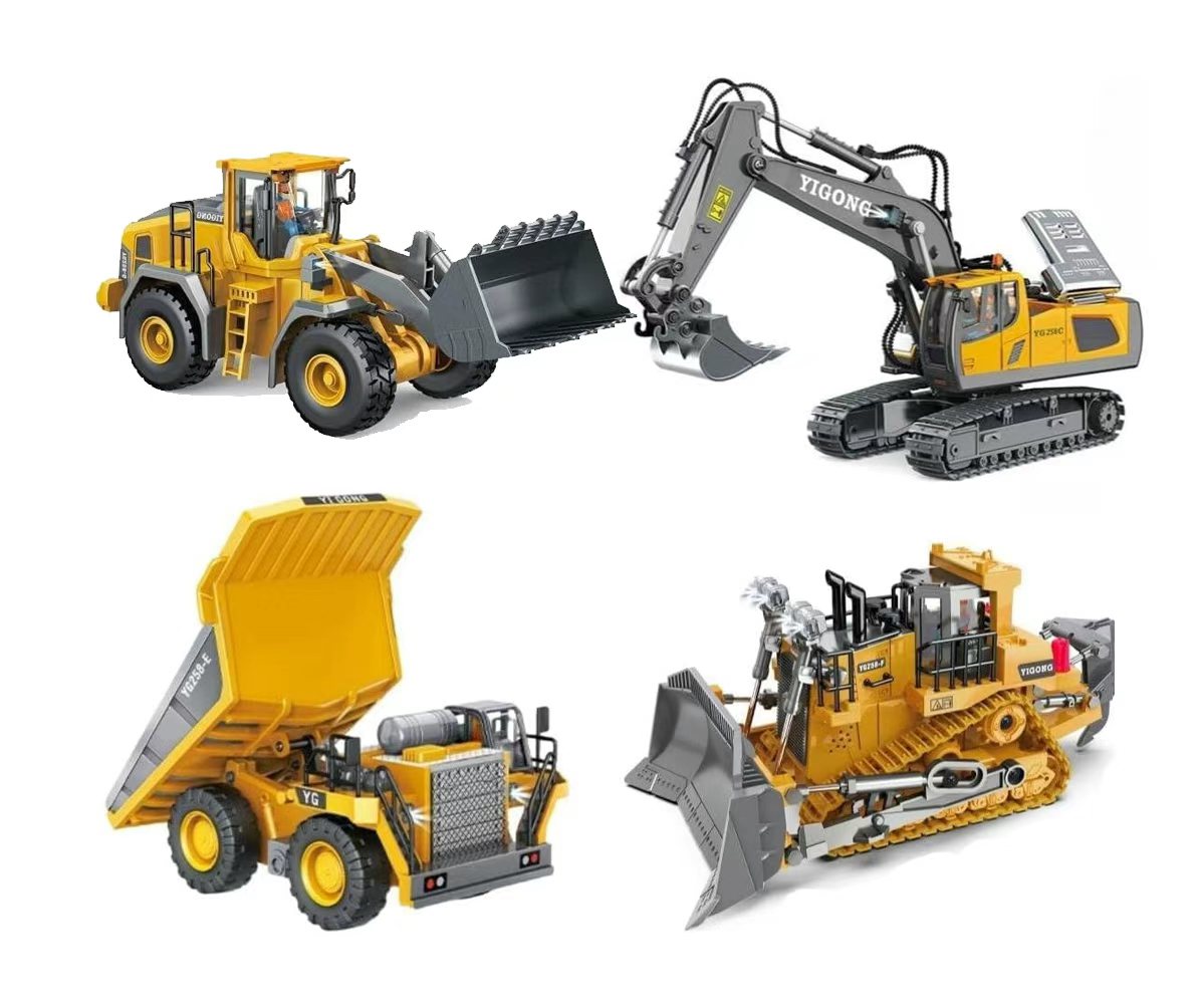 Set of four Lomaroshop remote control construction toy vehicles including excavator and bulldozer