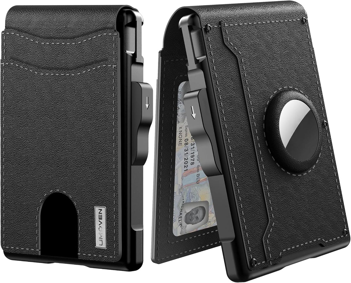 Lomaroshop | AirTag Wallet for Men - with Pop Up Aluminum Case Money Clip Slim Leather Slots Credit Card Holder RFID Blocking Bifold Minimalist Wallet