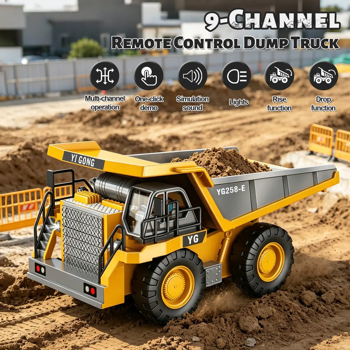 Lomaroshop RC construction toy - 9 channel RC dump truck engineering vehicle toy with sound lights yellow YG258