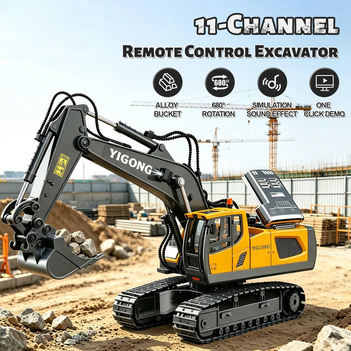 Lomaroshop RC construction toy - 11 channel RC excavator alloy bucket black yellow