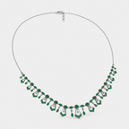 Close-up view of emerald green cubic zirconia geometric centerpiece on silver-tone Art Deco necklace for women