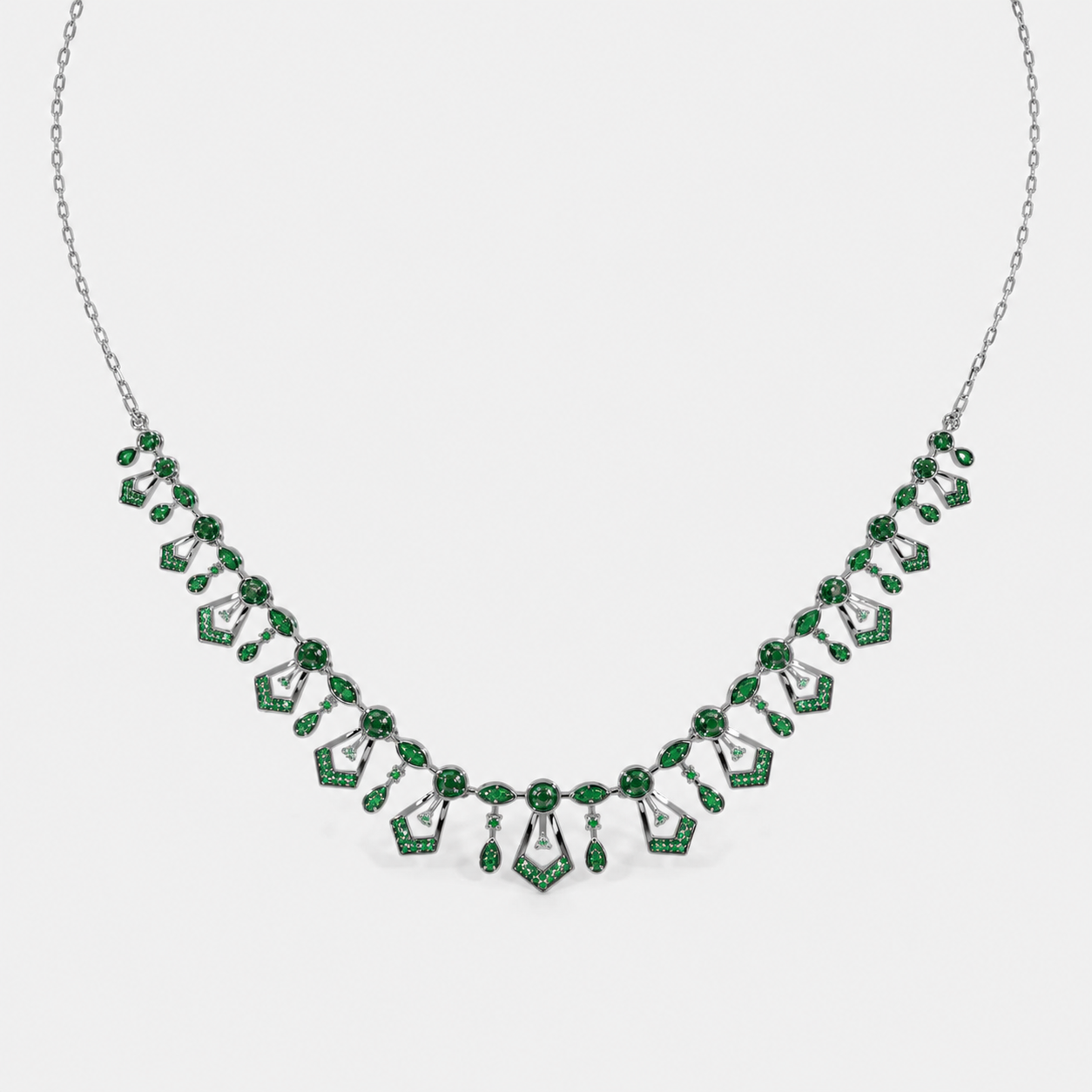 Elegant silver-tone statement necklace showcasing emerald green gemstone-inspired accents and adjustable chain