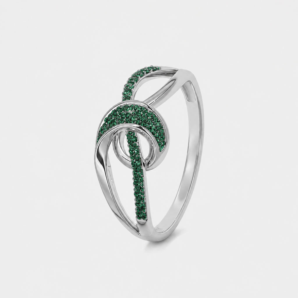 Emerald Green CZ Abstract Swirl Silver-Tone Ring with Openwork Design