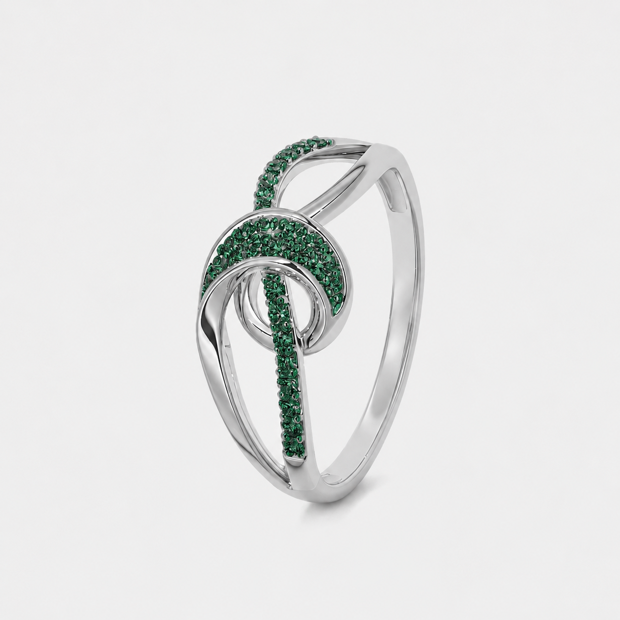 Emerald Green CZ Abstract Swirl Silver-Tone Ring with Openwork Design
