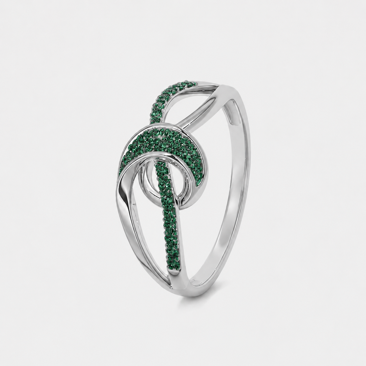 Emerald Green CZ Abstract Swirl Silver-Tone Ring with Openwork Design