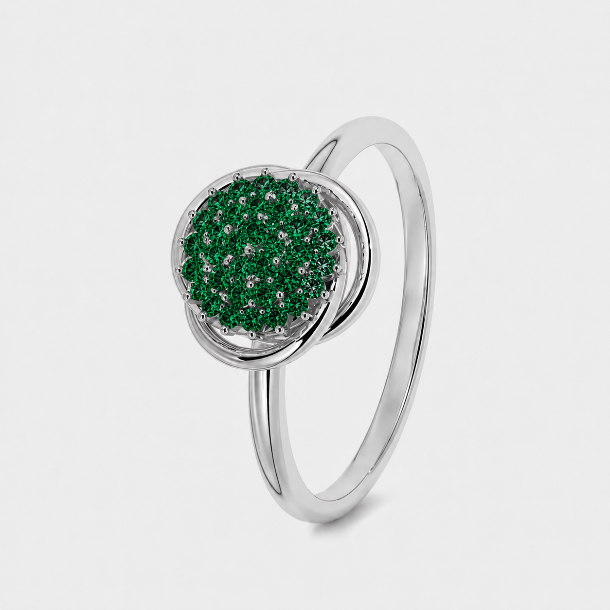Emerald Green CZ Cluster Halo Silver-Tone Ring with Floral-Inspired Design