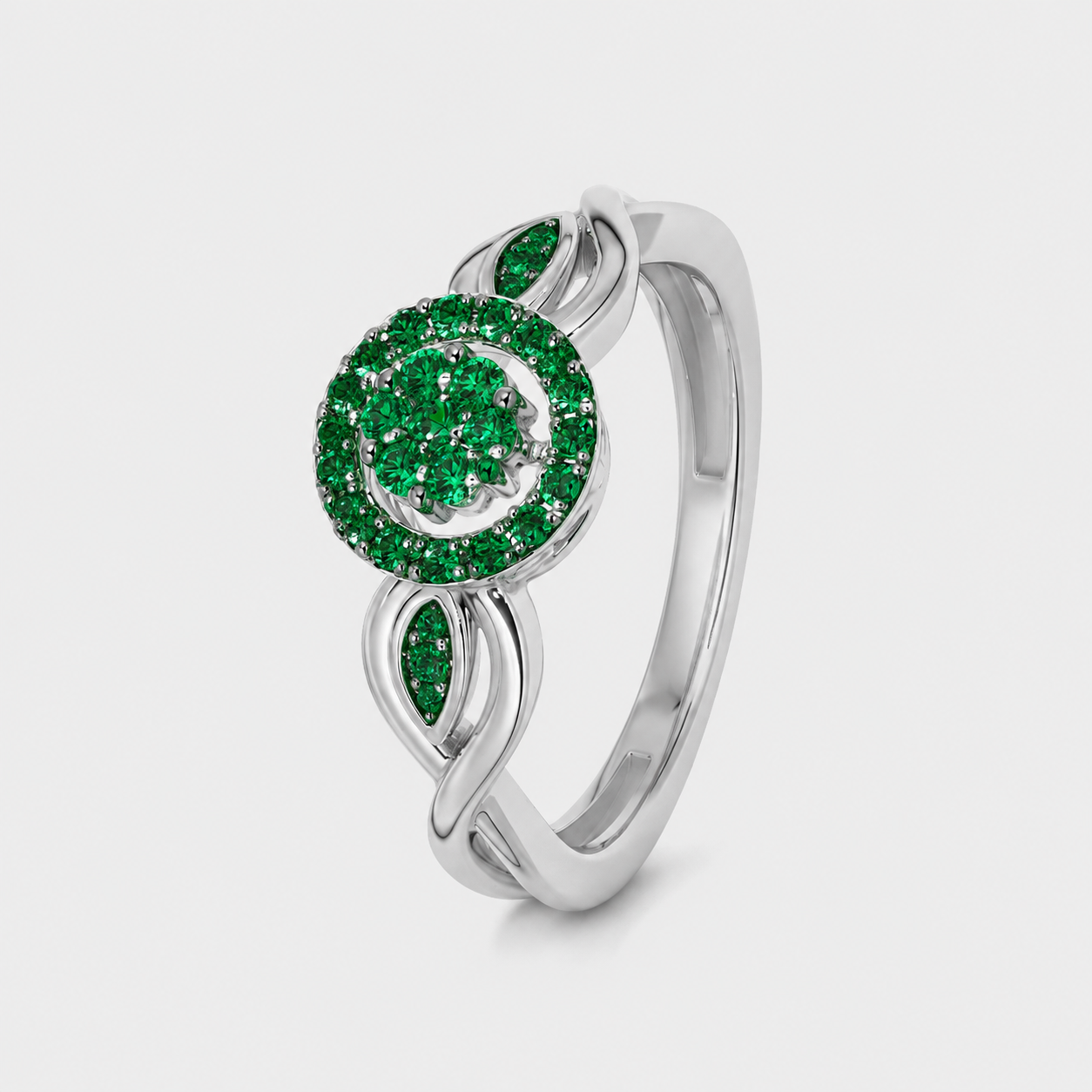 Emerald Green CZ Floral Halo Silver-Tone Ring with Leaf Accent Design