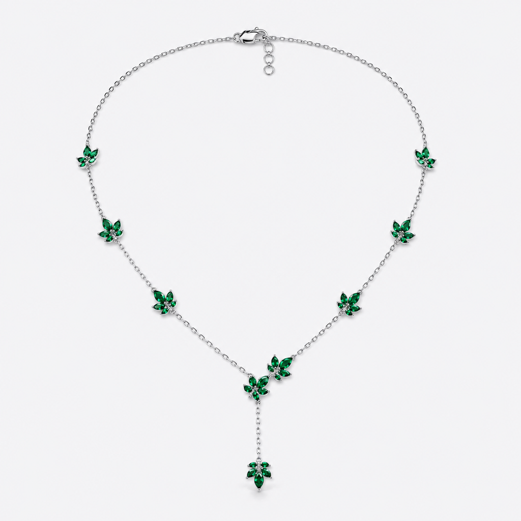 Emerald Green Floral Station Necklace with Drop Pendant in Silver-Tone Finish