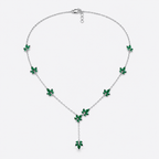 Emerald Green Floral Station Necklace with Drop Pendant in Silver-Tone Finish