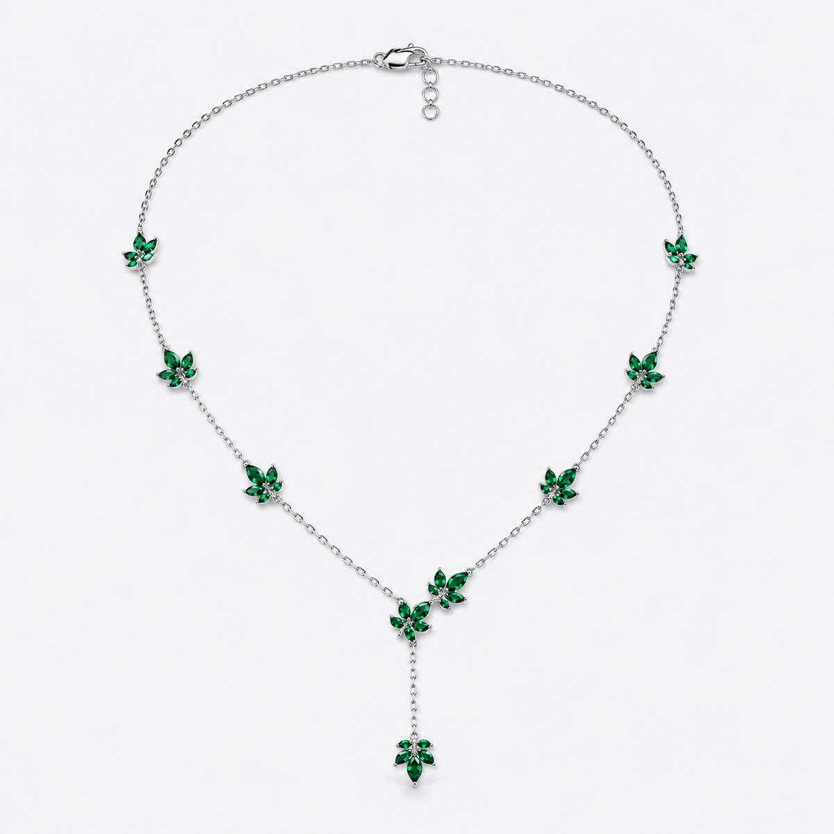 Emerald Green Floral Station Necklace with Drop Pendant in Silver-Tone Finish