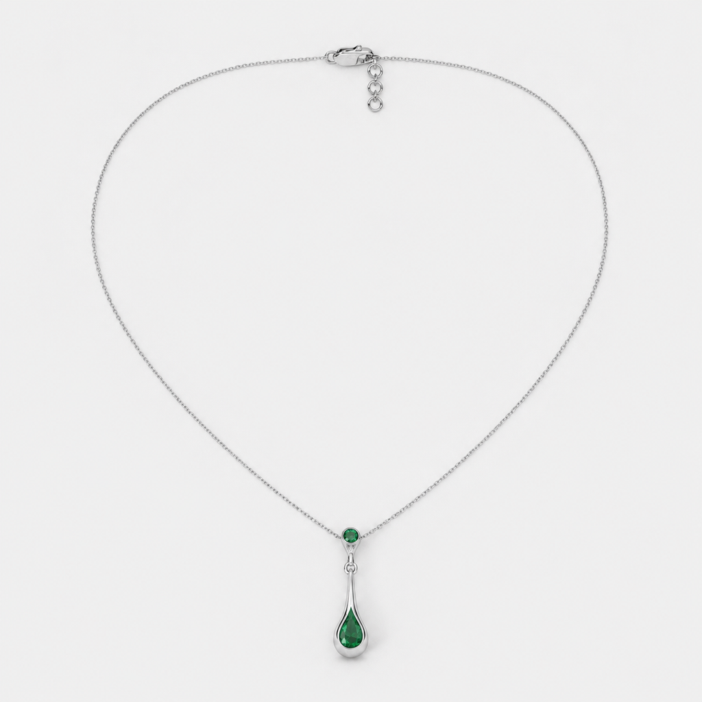 Emerald Green Teardrop Pendant Necklace in Silver-Tone Finish