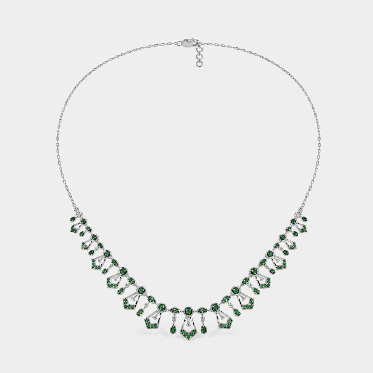 Emerald green Art Deco cubic zirconia statement necklace with geometric silver-tone design