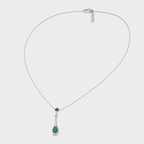Front view of silver-tone pendant necklace featuring faceted emerald green teardrop cubic zirconia charm