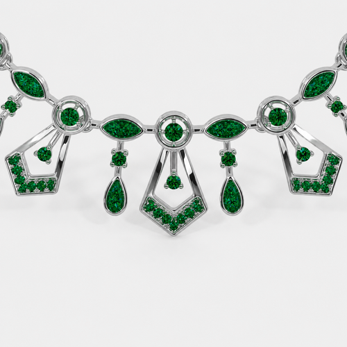 Front view of silver-tone statement necklace featuring emerald green cubic zirconia accents and vintage-inspired geometric details