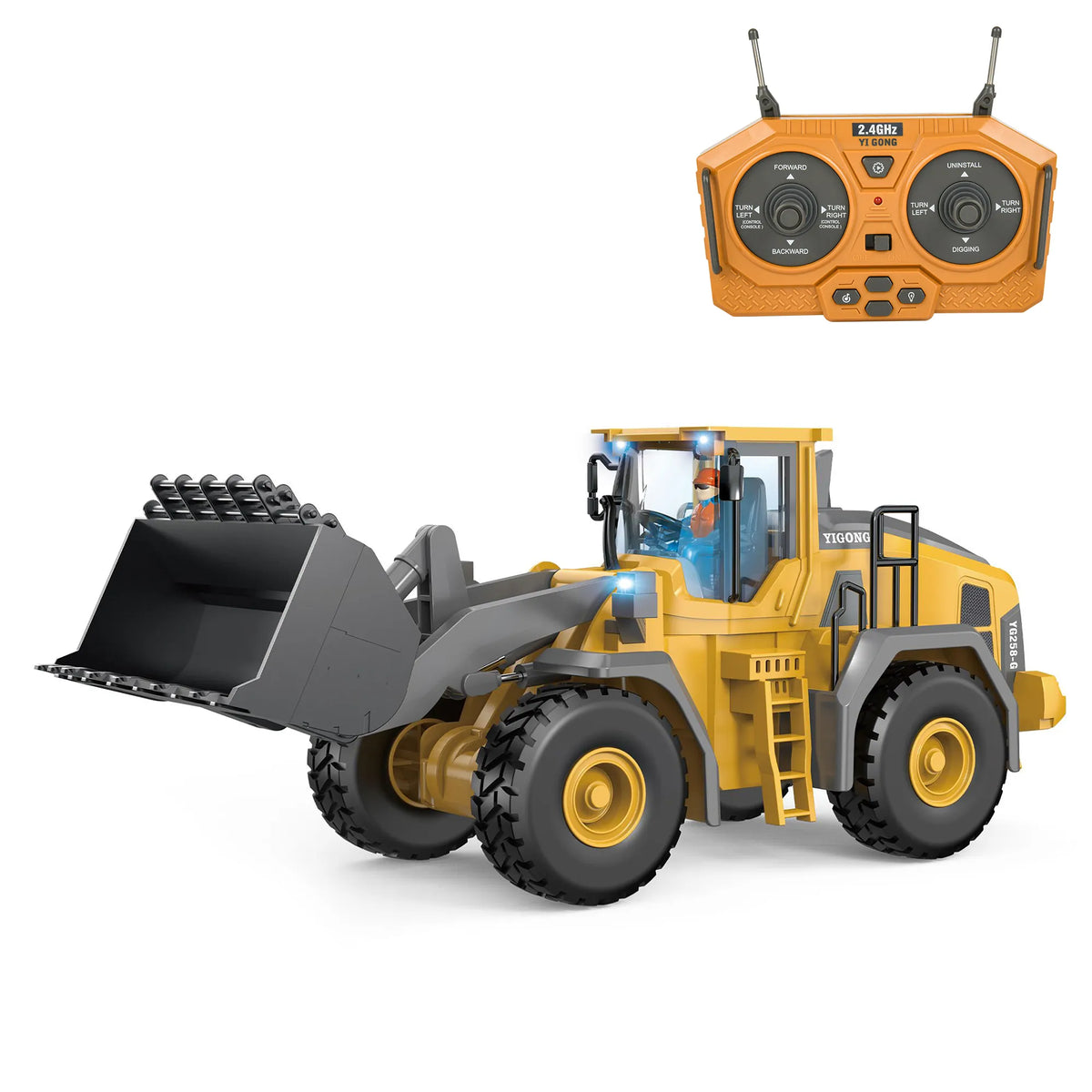 Lomaroshop RC front loader toy with gray bucket and 2.4GHz controller for backyard construction play