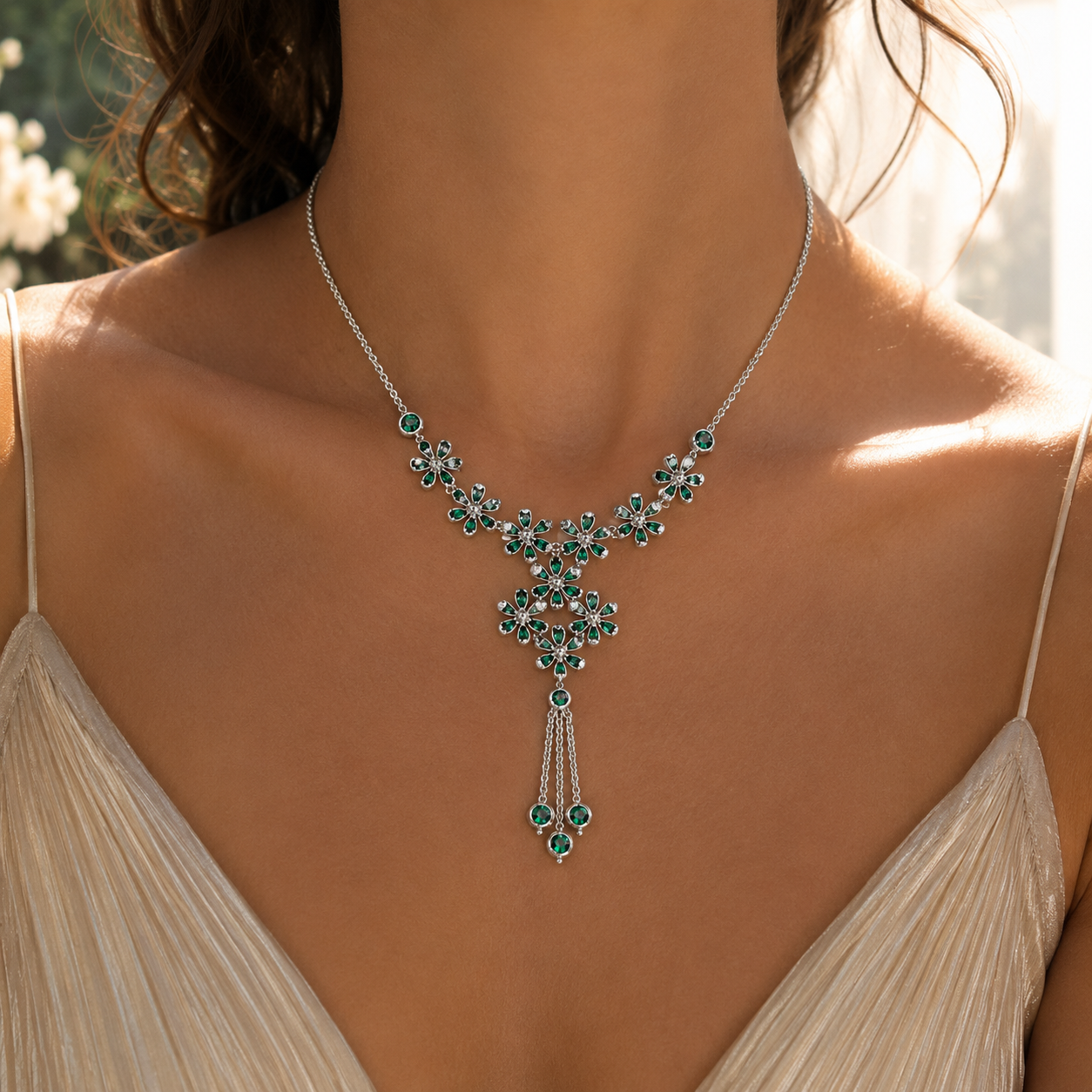 Silver-tone floral tassel necklace worn around the neck featuring emerald green cubic zirconia accents and elegant statement styling