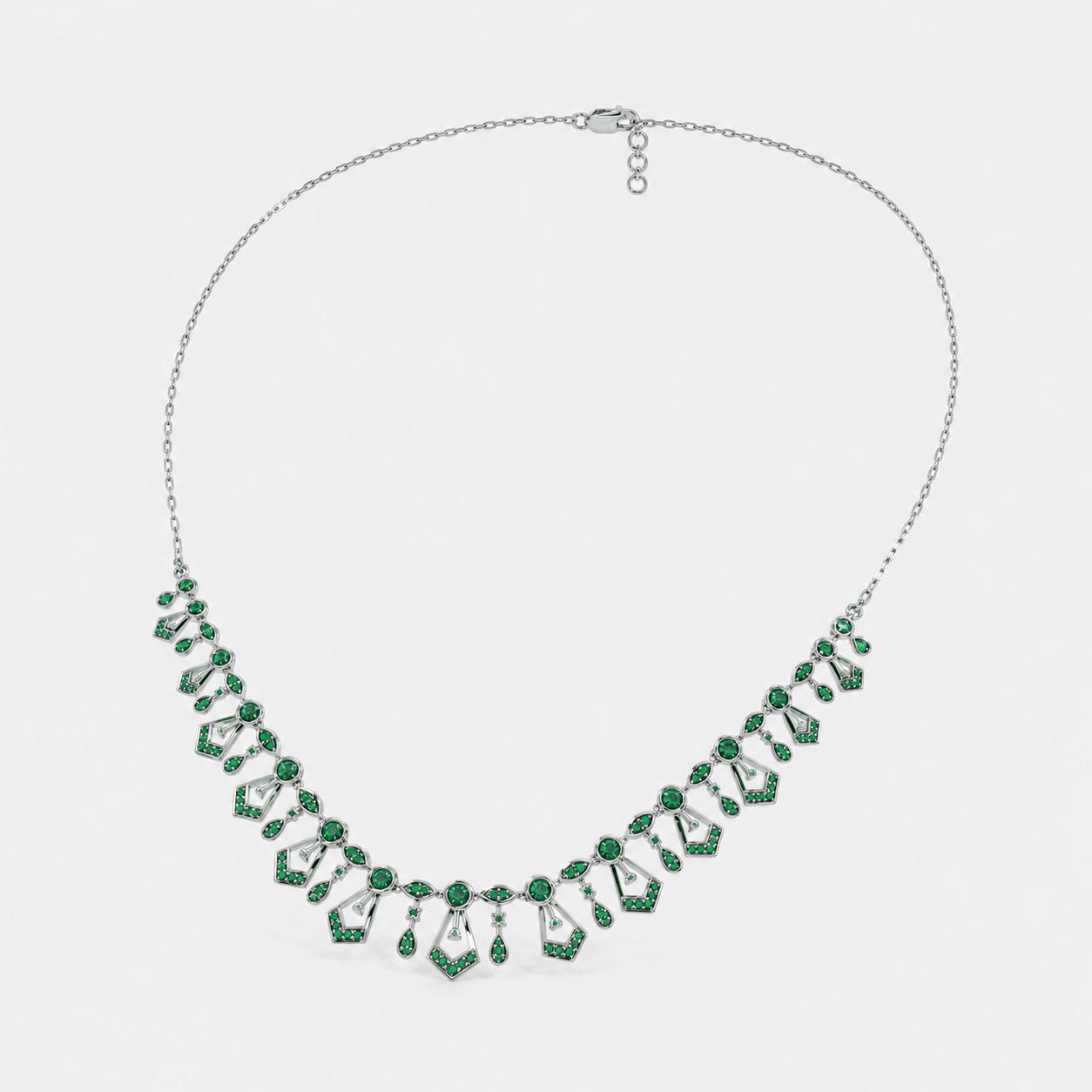 Silver-tone necklace with emerald green round and marquise cubic zirconia stones in symmetrical Art Deco pattern