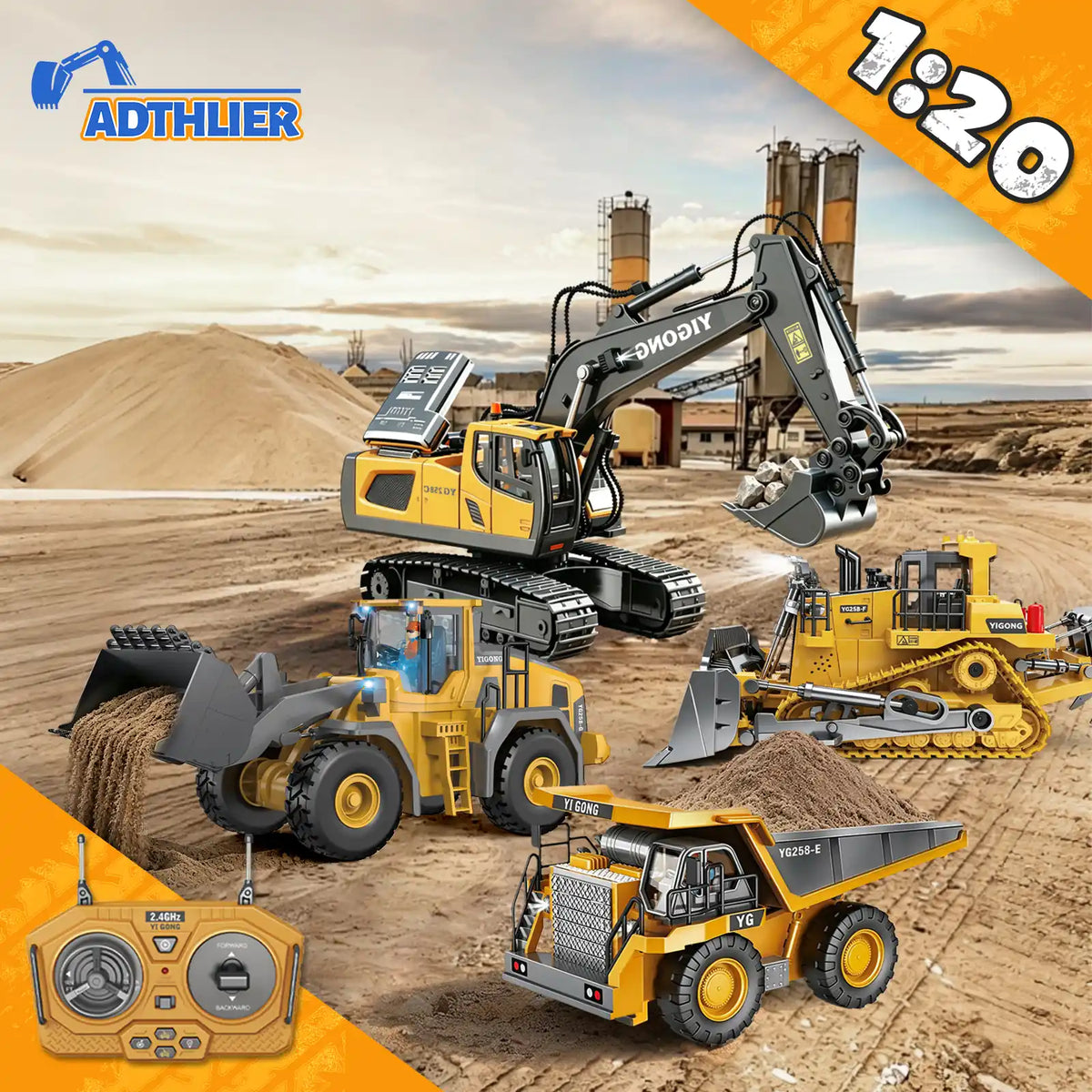 Lomaroshop RC construction toy - 1 to 20 scale RC engineering vehicles fleet excavator loader dump truck bulldozer