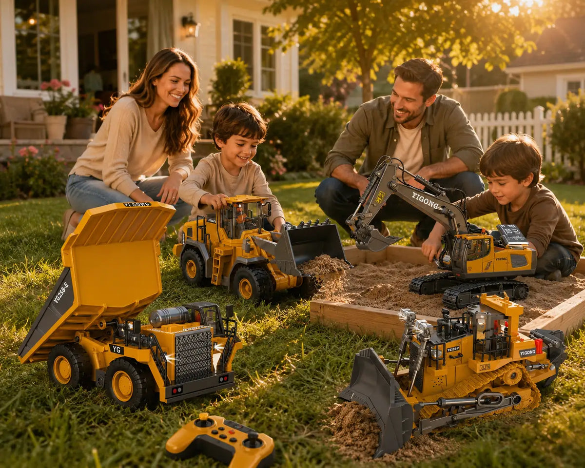 Family playing with Lomaroshop remote control construction toy vehicles in a sunny backyard