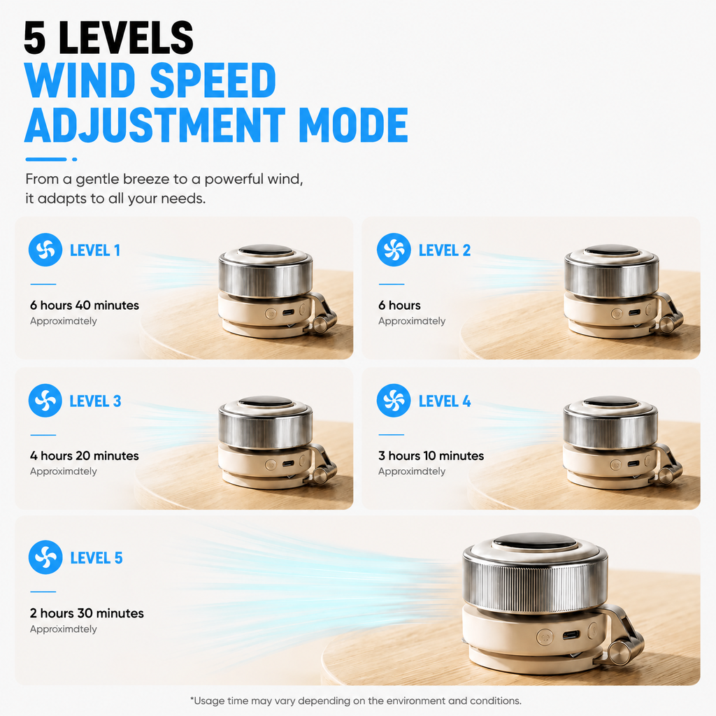 Compact Magnetic Fan With 360 Degree Cooling And Portable LED Light