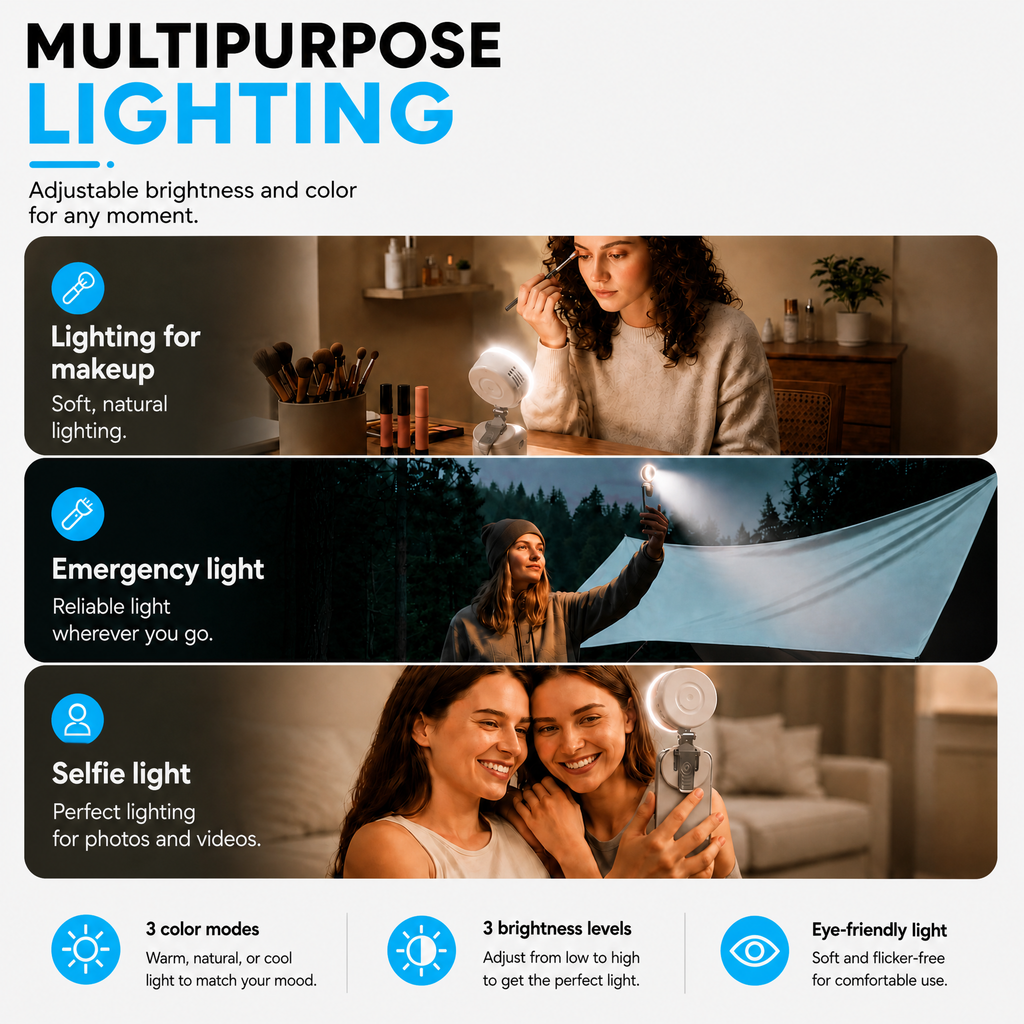 Compact Magnetic Fan With 360 Degree Cooling And Portable LED Light