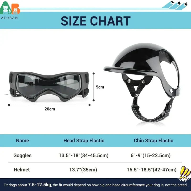Black dog helmet with tinted goggles on a plain background, pet safety accessory