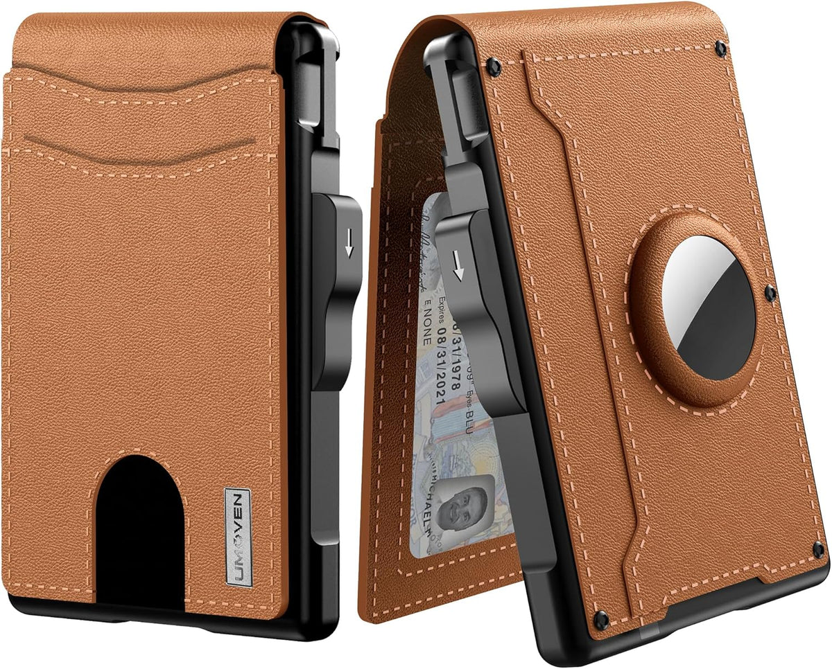 Lomaroshop | AirTag Wallet for Men - with Pop Up Aluminum Case Money Clip Slim Leather Slots Credit Card Holder RFID Blocking Bifold Minimalist Wallet