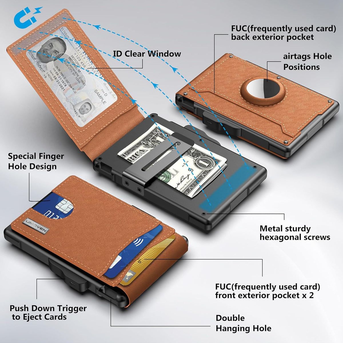 Lomaroshop | AirTag Wallet for Men - with Pop Up Aluminum Case Money Clip Slim Leather Slots Credit Card Holder RFID Blocking Bifold Minimalist Wallet