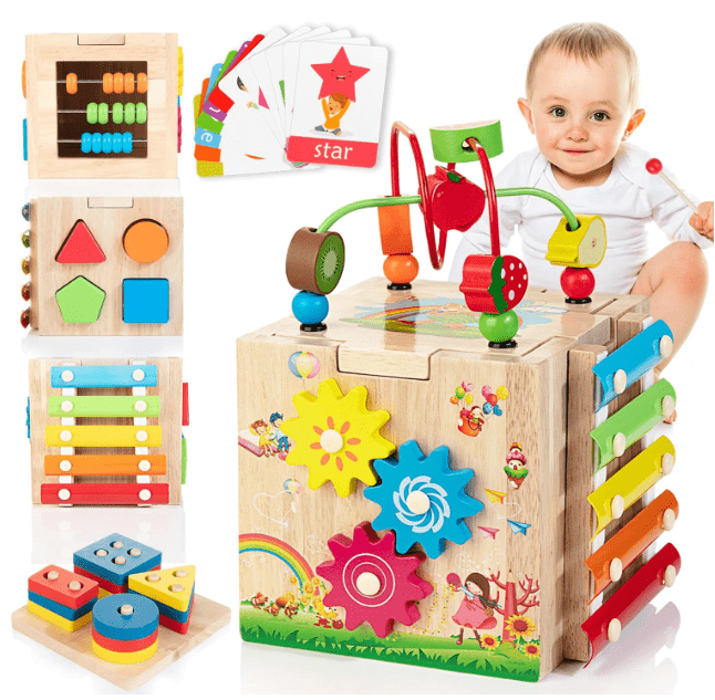MINDBLOX – 8-in-1 Wooden Montessori Learning Cube for Toddlers with Educational Games