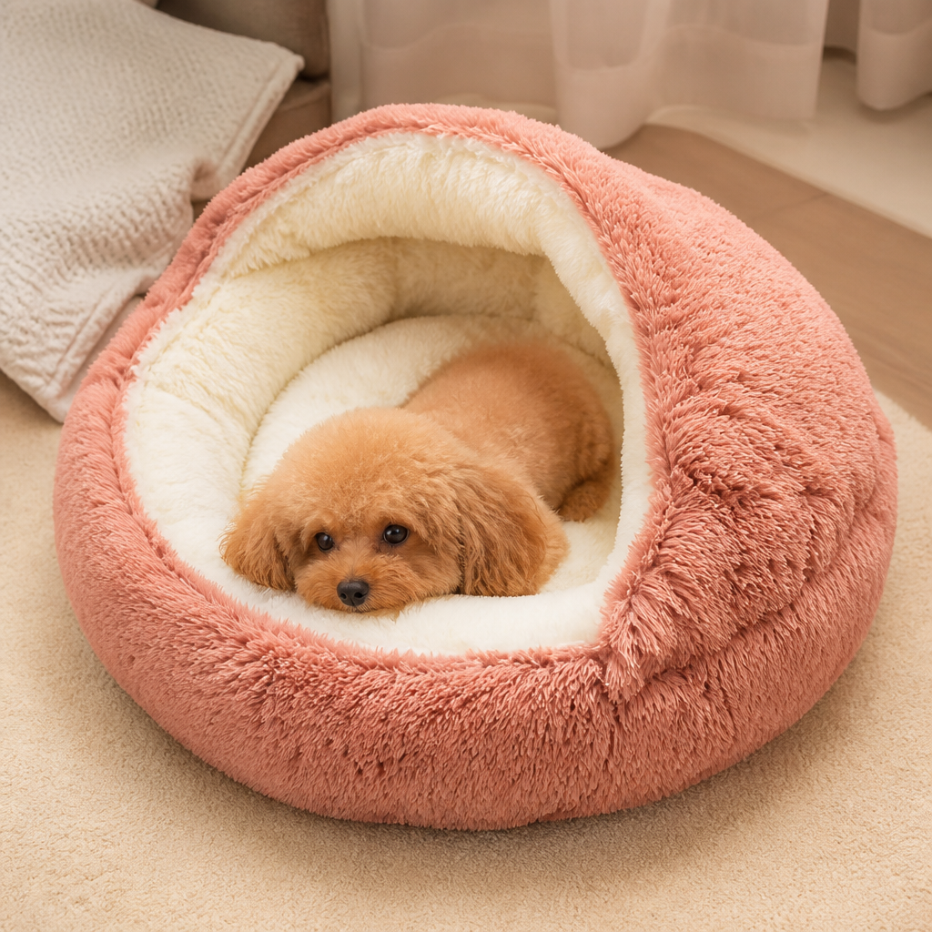LomaroshopSemi-Enclosed Plush Pet Bed (Removable Washable Pad)