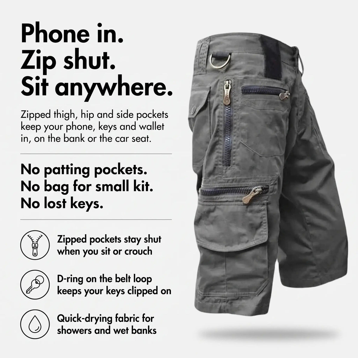 Men's Cargo Shorts - Knee Length Work Shorts with Zip Pockets