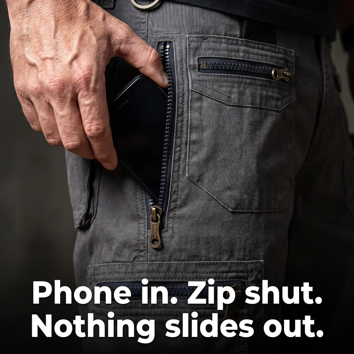 Men's Cargo Shorts - Knee Length Work Shorts with Zip Pockets