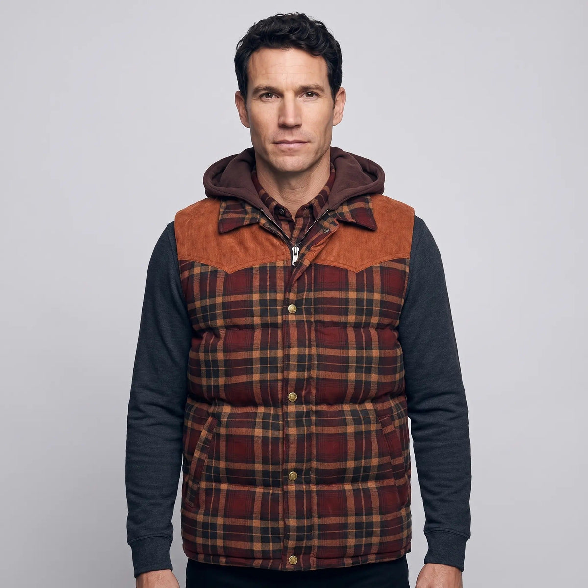 Men's Gilet - Hooded Padded Body Warmer - Tartan Check Puffer Gilet