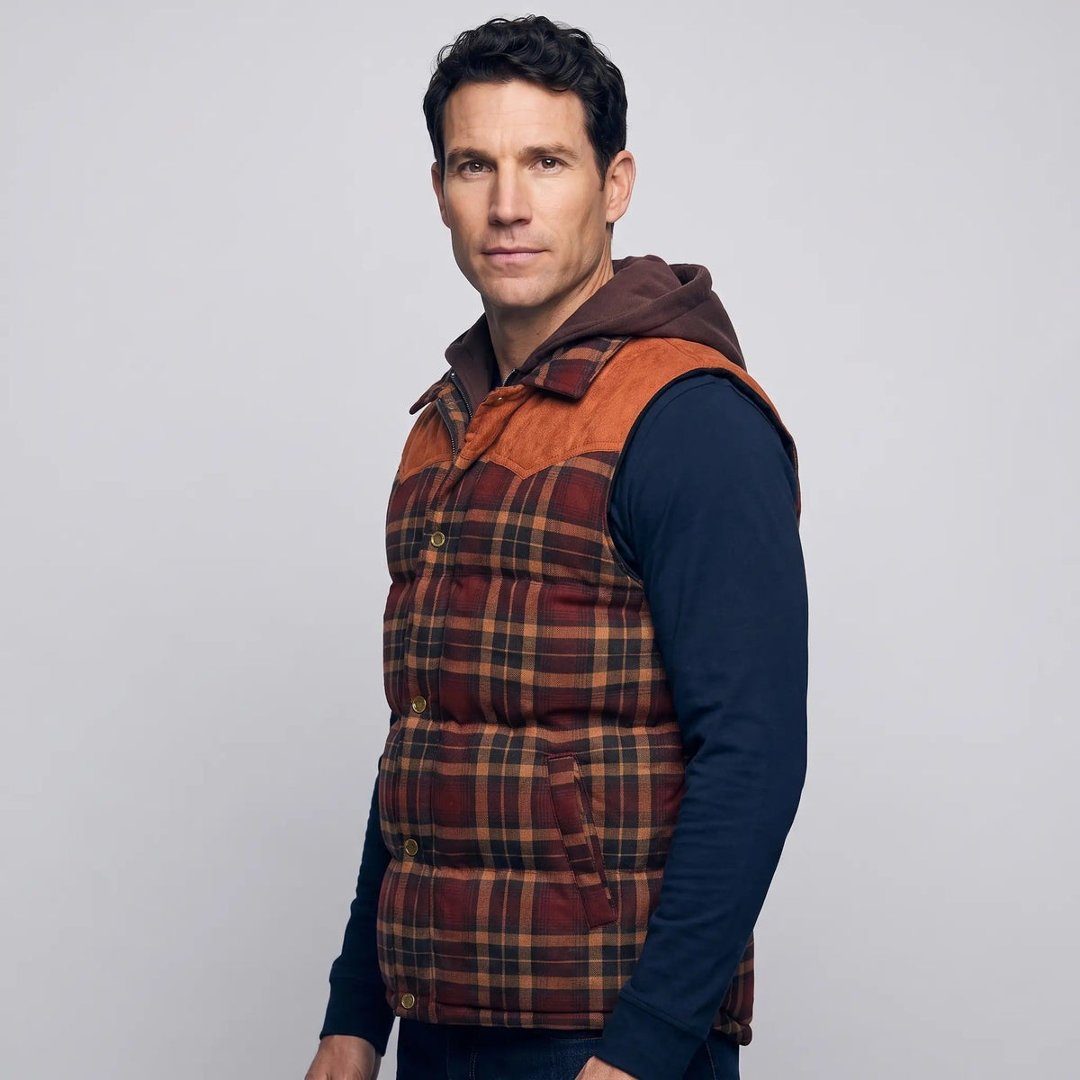 Men's Gilet - Hooded Padded Body Warmer - Tartan Check Puffer Gilet