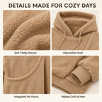 Pet carrier sherpa hoodie details including hood pouch cuffs and hem