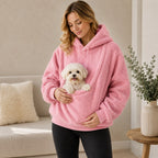 Pink pet carrier sherpa hoodie with small dog in front pouch