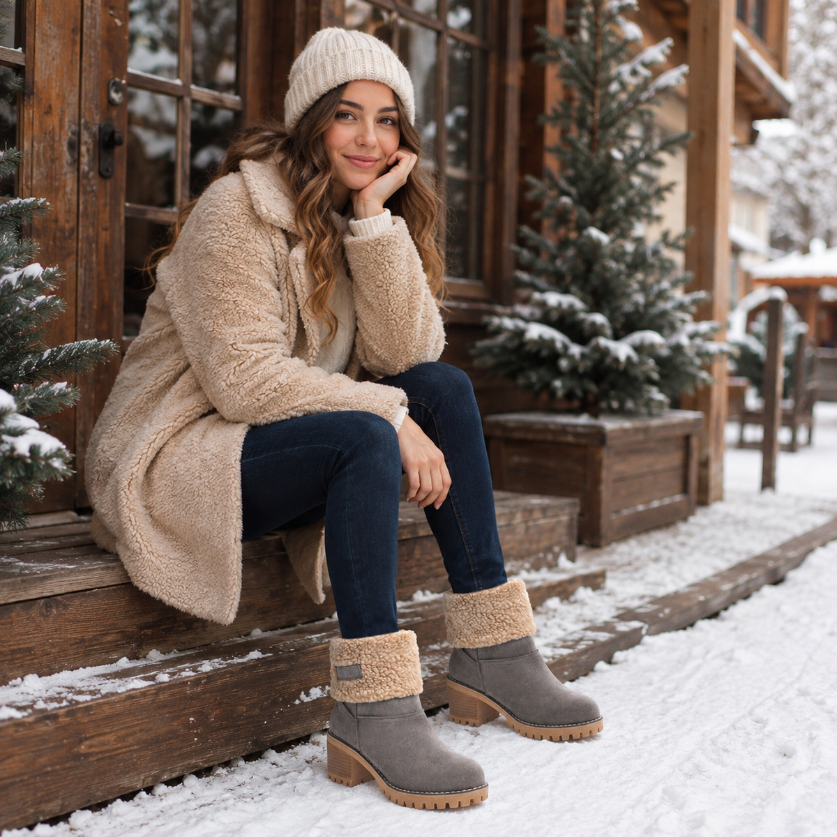 Snow Boots for Women, Waterproof Winter Boots with Block Heel, Leather Ankle Boots with Fur Cuffs and Non Skid Lug Sole