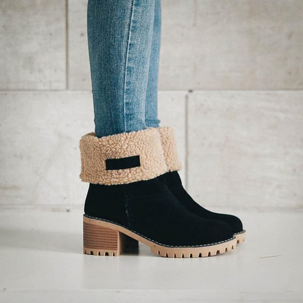 Snow Boots for Women, Waterproof Winter Boots with Block Heel, Leather Ankle Boots with Fur Cuffs and Non Skid Lug Sole