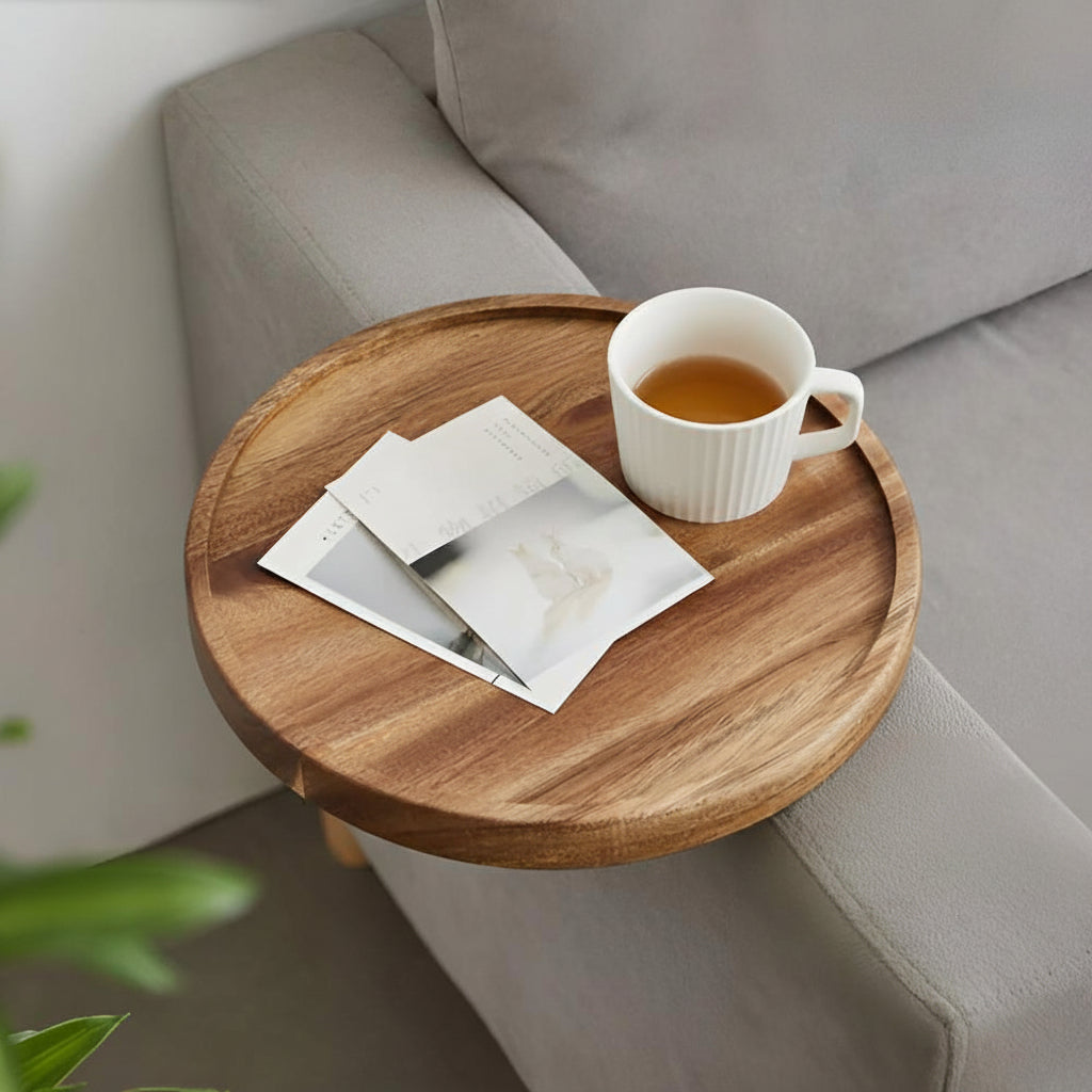 Sofa Armrest Tray | Solid Wood & Adjustable Clip-On | 12 in Diameter
