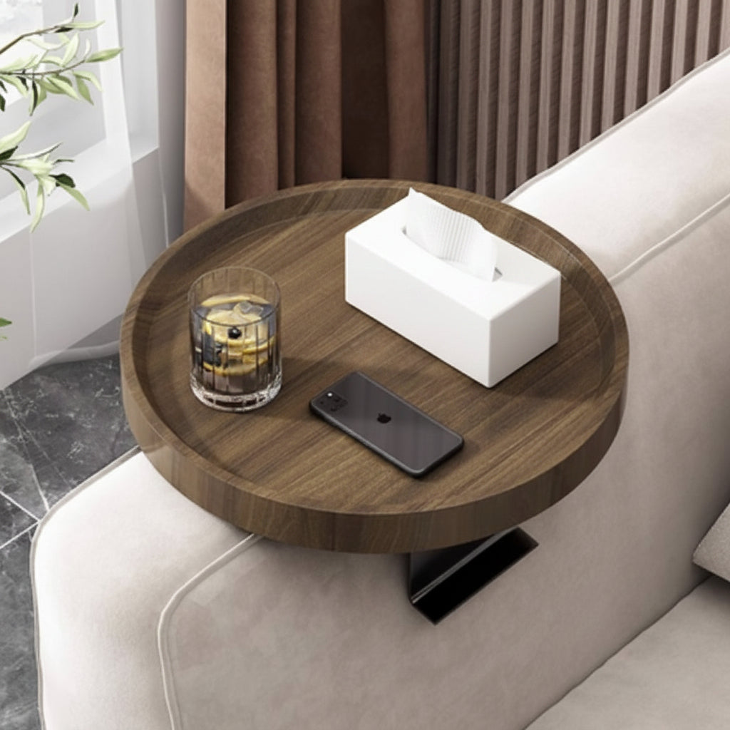 Sofa Armrest Tray | Solid Wood & Adjustable Clip-On | 12 in Diameter