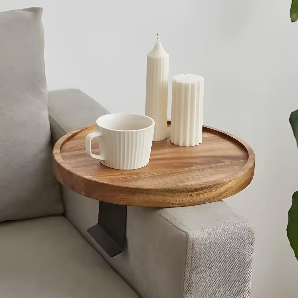 Sofa Armrest Tray | Solid Wood & Adjustable Clip-On | 12 in Diameter
