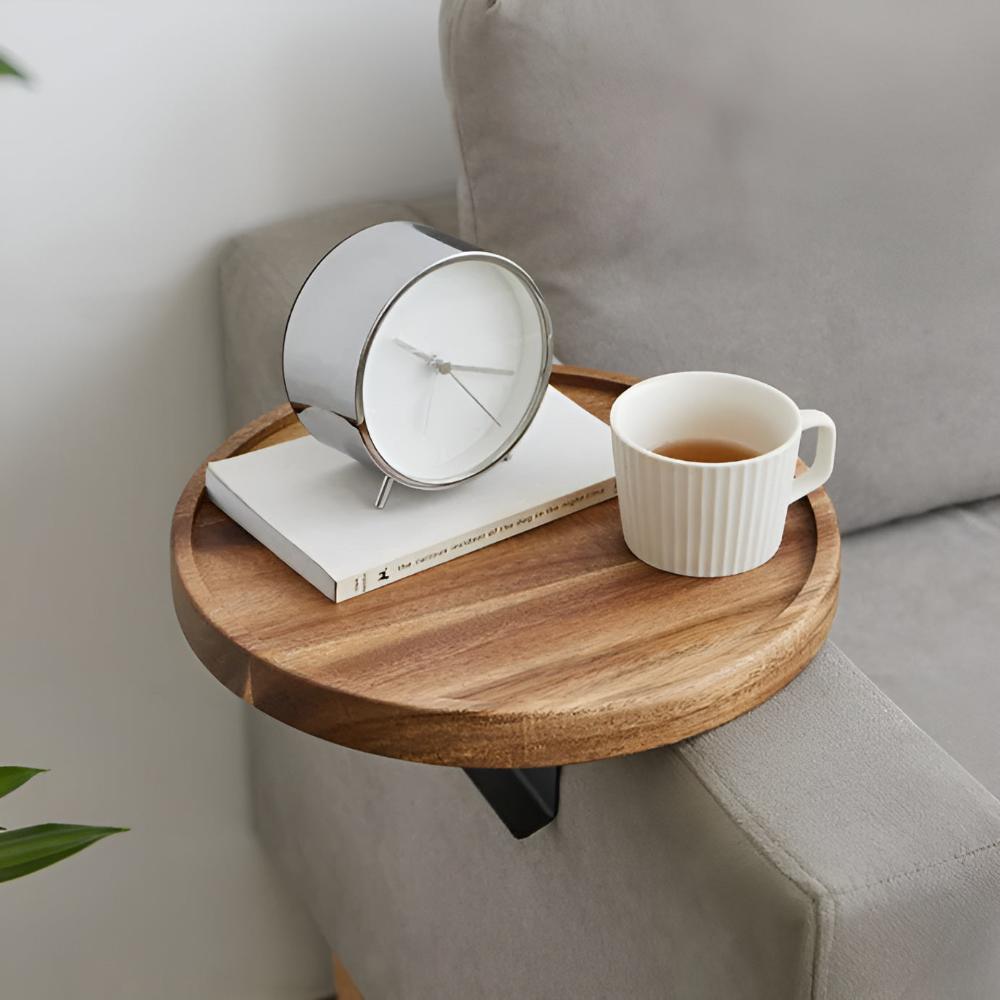 Sofa Armrest Tray | Solid Wood & Adjustable Clip-On | 12 in Diameter