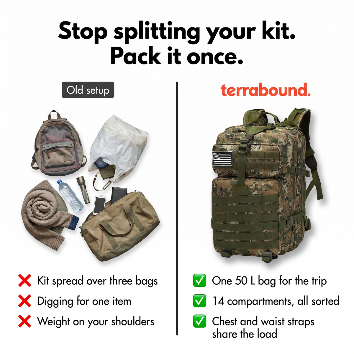 Tactical Backpack - 13 Gallon Military Backpack with MOLLE - Hiking Backpack